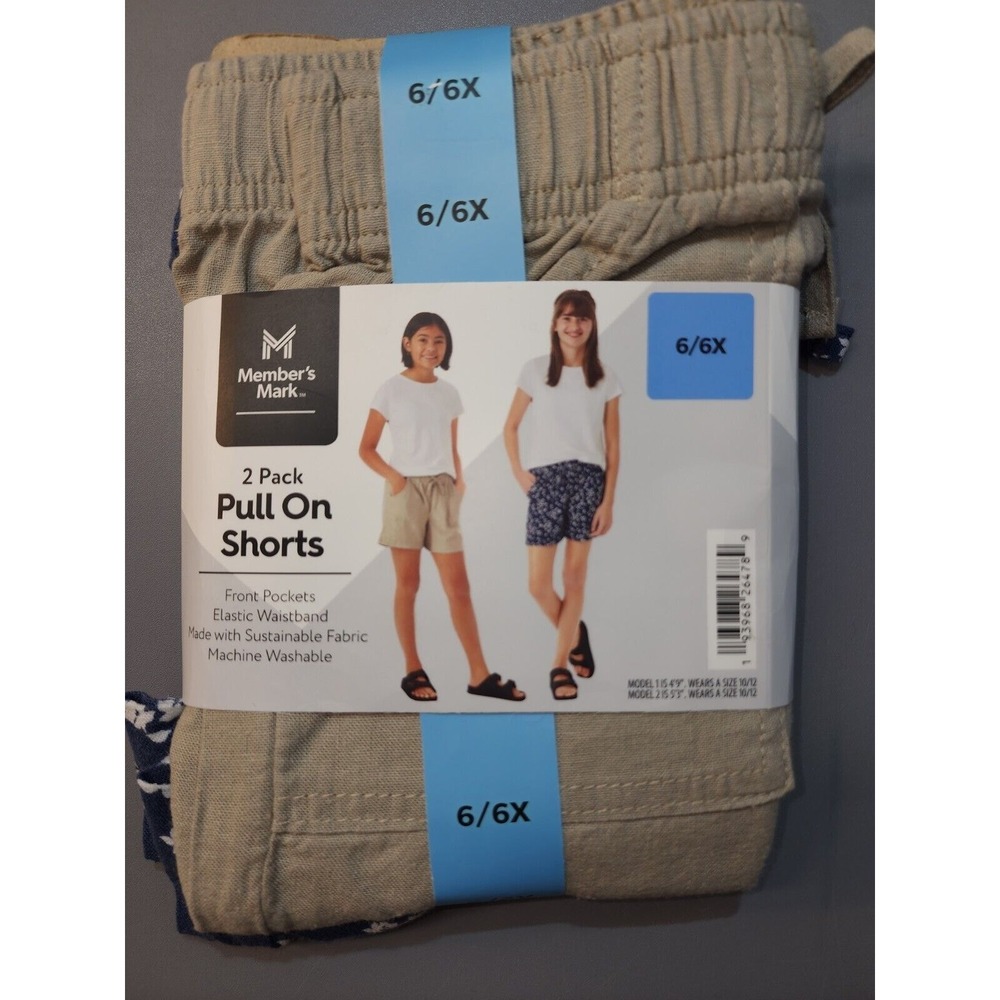 NWT Member's Mark Girl's 2-Pack Linen Tan Blue Floral Shorts 6/6X School Casual